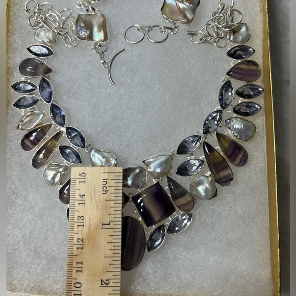 Beautiful 925 Fluorite Biwa Pearl & Amethyst Necklace & Bracelet Gemstone Set - Picture 12 of 13